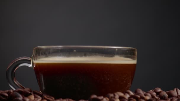 Kavrulmuş Kahverengi Fasulye Yığınında Yakın Plan Aromalı Kahve Köpüklü Yüzeye — Stok video