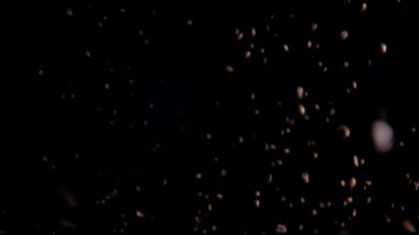 Fragrant coffee seeds raising in super slow motion. Aromatic brown beans flying up after exploding on black background. Beautiful view ascend coffee grains like stars on night sky. Arabica concept.