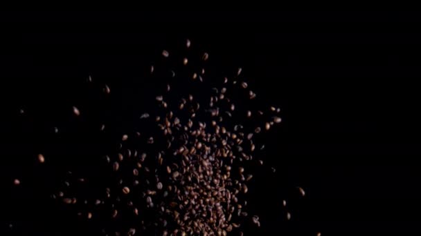 Roasted Coffee Seeds Exploded Black Backdrop Super Slow Motion Splashing — 비디오