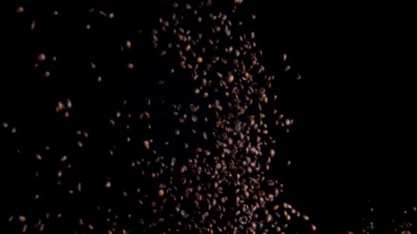 Super Slow Motion Roasted Coffee Seeds Splashing Fragrant Fresh Beans — Stockvideo