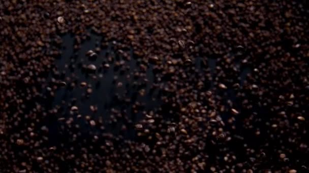 Magic Falling Fragrant Coffee Grains Dark Background Premium Roasted Beans — Vídeos de Stock