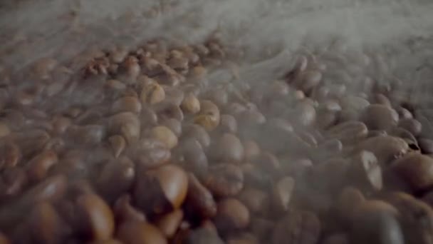 Fragrant Coffee Seeds Steaming Super Slow Motion Close View Large — Vídeo de Stock