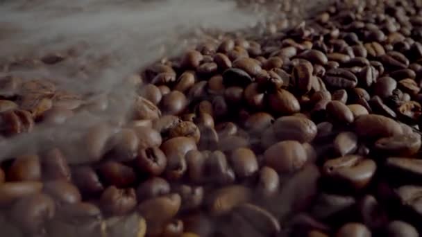 Steam Coming Fragrant Coffee Beans Close Fresh Aromatic Seeds Roasting — Stockvideo