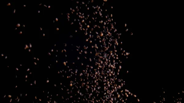 Super Slow Motion Roasted Coffee Seeds Splashing Fragrant Fresh Beans — Stock Photo, Image