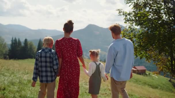 Back View Friendly Family Spending Holiday Summer Mountains Unrecognizable Parents — Wideo stockowe