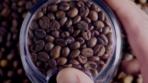 Primo Piano Macinazione Semi Caffè Fresco Macinino Elettrico Vista Dall — Video Stock
