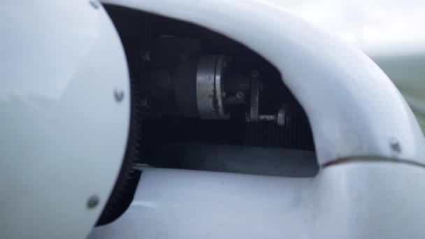 Closeup Small Plane Engine White Aircraft Hood Turned Technical Part — Video Stock