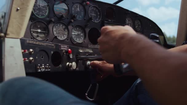 Aviator Hands Ready Piloting Airplane Technological Aircraft Cabin Closeup Unknown — Vídeos de Stock