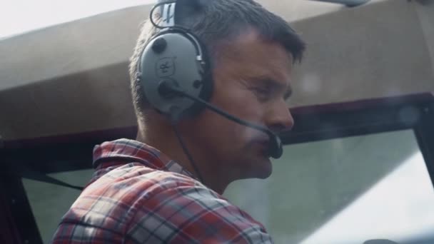 Serious Pilot Showing Thumbs Sitting Airplane Cockpit Ready Flight Close — Vídeo de Stock