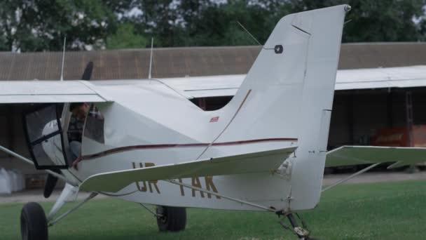 Small Ultralight Airplane Moving Back Flaps Preflight Checking Process White — Vídeo de Stock