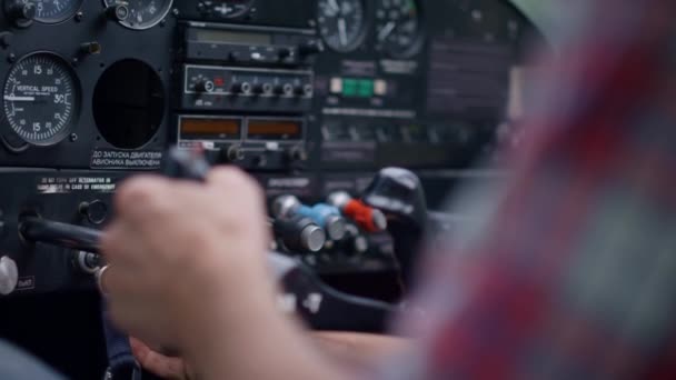 Professional Pilot Starting Airplane Engine Using Key Sitting Modern Cabin — Video