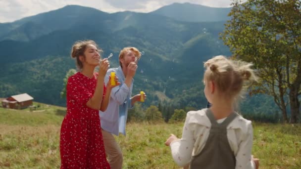 Playful Parents Blowing Soap Bubbles Green Meadow Joyful Children Catching — Wideo stockowe