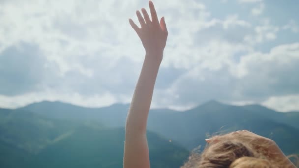 Carefree Girl Enjoy Sunlight Raising Hands Cloudy Sky Close Back — Wideo stockowe