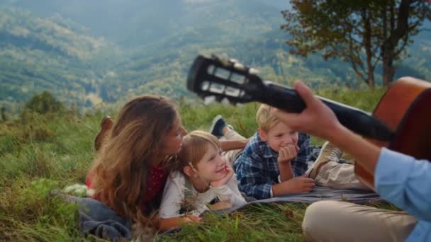 Unknown Man Playing Guitar Picnic Wife Kids Close Happy Family — Video