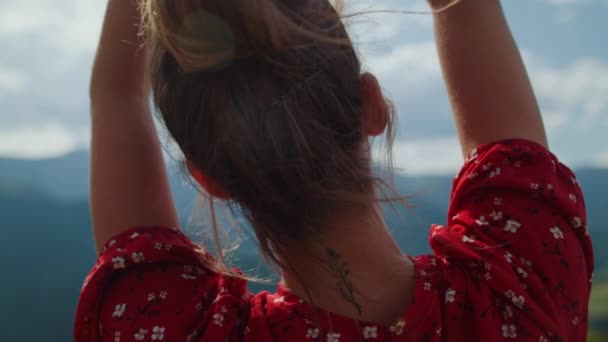 Back View Raising Hands Young Woman Resting Summer Mountains Close — 图库视频影像