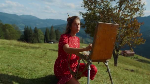 Talented Woman Painter Drawing Easel Sitting Green Meadow Sunny Day — Videoclip de stoc