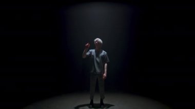 Vr teenager touching air in dark room. Futuristic guy experience cyber simulator game in light. Focused blonde man touching invisible panel. Cyber player wearing ar goggles immersing console reality.
