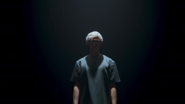 Man Wearing Virtual Reality Goggles Light Unknown Cyber Player Dark — Vídeos de Stock