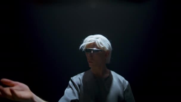 Guy Touching Virtual Objects Futuristic Glasses Cyber Player Experiencing Augmented — 图库视频影像