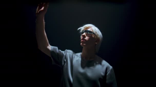Man Using Headset Dark Room Light Futuristic Player Touching Invisible — Vídeos de Stock
