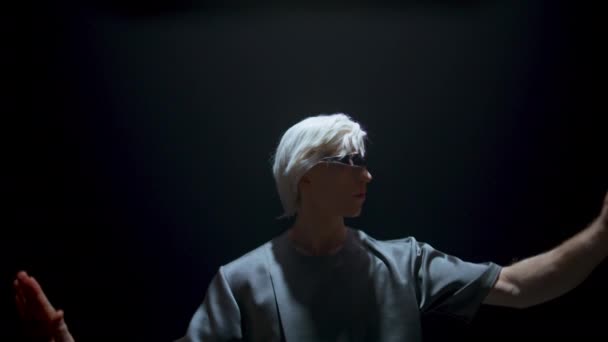 Man Gesturing Virtual Reality Goggles Light Focused Blonde Guy Swiping — Stockvideo