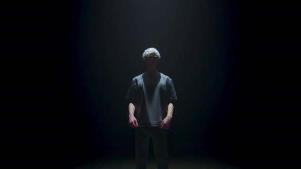Man Starting Headset Dark Room Metaverse Player Touching Goggles Prepare — Stockvideo