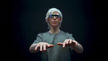 Creative man hands vr headset typing closeup. Futuristic goggles blonde guy playing arms in digital internet 3d universe slow motion. Next generation immersive social media online metaverse platform 
