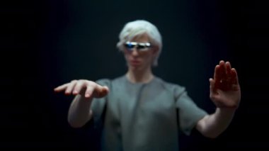 Virtual reality headset person exploring futuristic cyberspace. Blonde man browsing web content in internet interface, watching social media, using augmented reality software. Metaverse concept 