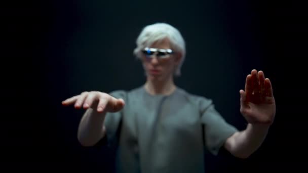 Virtual Reality Headset Person Exploring Futuristic Cyberspace Blonde Man Browsing — Stok video