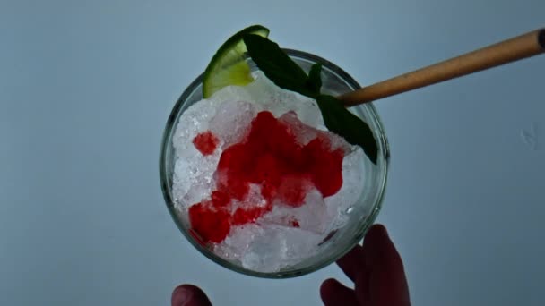 Hand Taking Cocktail Glass Closeup Overhead Shot Bartender Holding Iced — Stockvideo