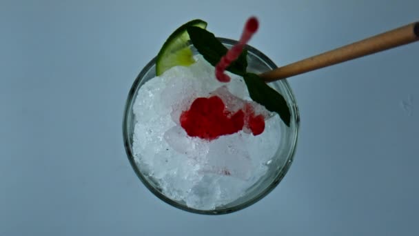 Pouring Iced Strawberry Cocktail Jam Glass Closeup Refreshing Summer Mojito — Videoclip de stoc