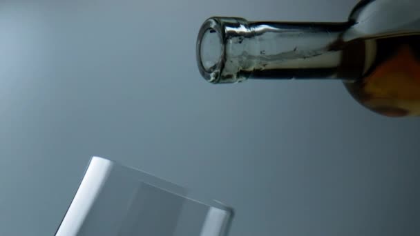 Bottle Pouring White Wine Goblet Closeup Grape Liquid Flowing Glass — ストック動画