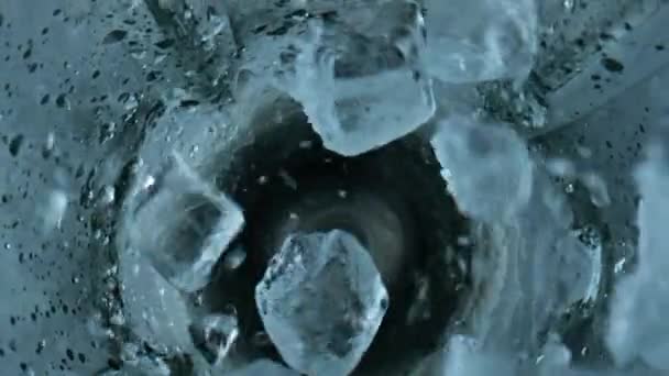 Ice Cubes Falling Blender Closeup Grinding Iced Pieces Container Top — Stockvideo