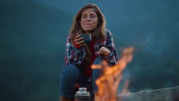 Drinking Woman Enjoy Evening Tea Burning Camping Fire Close Chill — Stock video