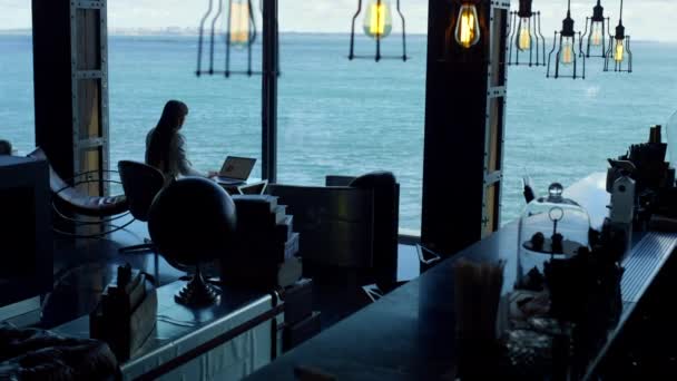 Woman Silhouette Using Laptop Sea View Office Company Ceo Looking — Stok video
