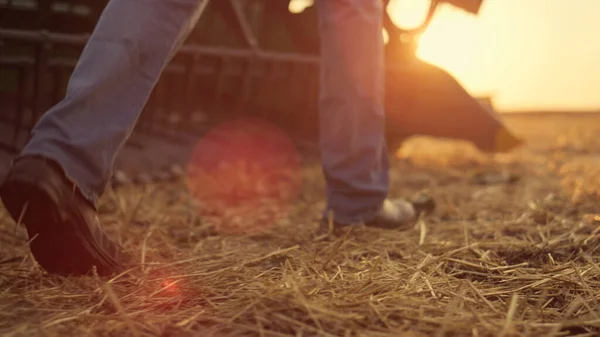 農家の足のフィールド藁日没時に結合を検査行く 無名の農学者の足だけで田舎を歩く 閉鎖栽培者はそのような機械収穫機を準備します 穀物小麦 太陽の地平線コンセプト — ストック写真