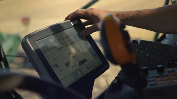 Hand Touching Harvester Monitor Closeup Tractor Driver Working Grain Field — Stock Photo, Image