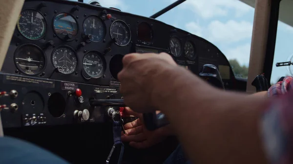 Aviator Hands Ready Piloting Airplane Technological Aircraft Cabin Closeup Unknown — Foto Stock