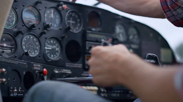 Hand Airman Driving Airplane Checking Indicators Modern Control Panel Flying — Fotografia de Stock