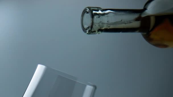 Bottle Pouring White Wine Goblet Closeup Grape Liquid Flowing Glass — Stockvideo