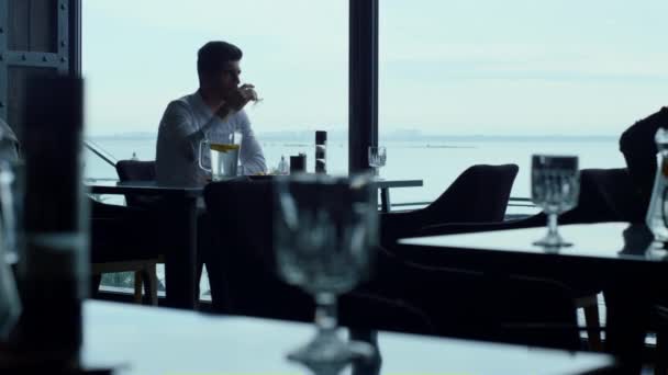 Charismatic Man Spending Lunch Time Luxury Restaurant Relaxed Businessman Drinking — Video