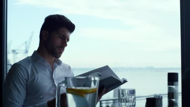 Relaxed Man Customer Reading Wine List Panoramic Luxury Lounge Bar — Stock video