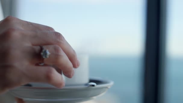 Rich Woman Hands Enjoying Coffee Cup Closeup Unknown Businesswoman Relaxing — Stok video
