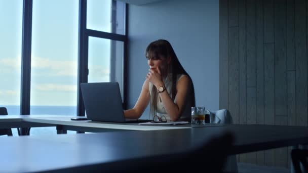 Stressed Woman Overworking Alone Office Tired Manager Looking Laptop Lean — Video