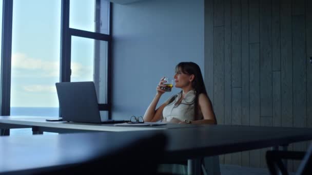 Manager Holding Whiskey Glass Resting Office Pensive Woman Enjoy Alcohol — Vídeos de Stock