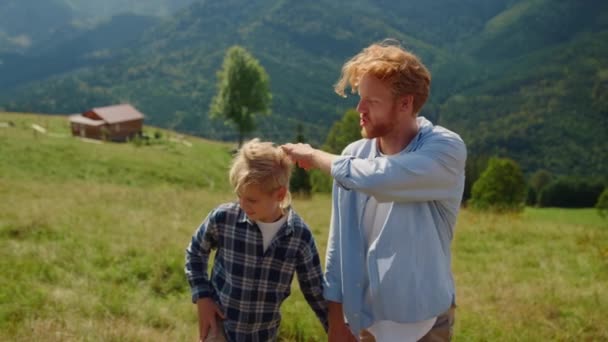 Ginger Young Man Speaking Son Mountains Walk Closeup Smiling Father — Wideo stockowe