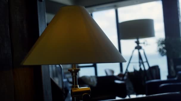 Dark Interior Lighting Design Closeup Beautiful Lamp Standing Cozy Space — Stock video