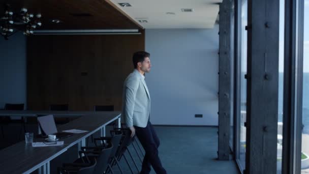 Man Enjoying Break Conference Room Alone Businessman Ceo Thinking Life — Stockvideo