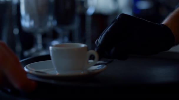 Barista Hands Giving Fresh Coffee Cup Waiter Closeup Unrecognizable Professional — Vídeos de Stock