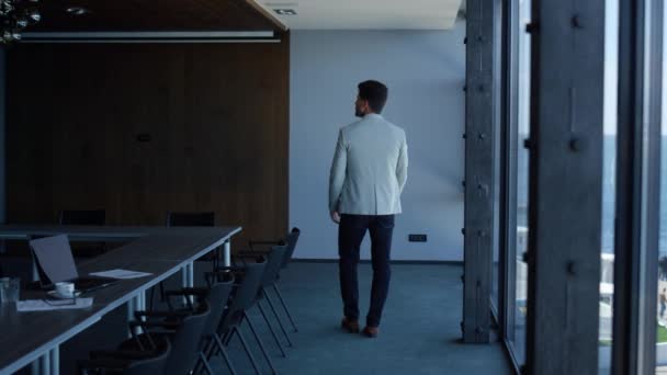 Executive Walking Alone Modern Company Office Successful Businessman Entrepreneur Looking — Stok video